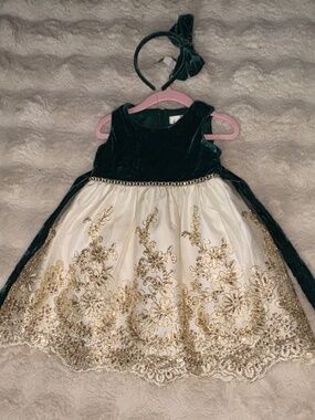 Velvet green and gold lace girls dress